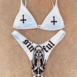 Vrouwen Grappige Letters Print 2 Stuks Bikini Suits Diepe V-hals Afneembare Borst Pad Sling Tops Met Driehoek Bodems Badpakken 220622