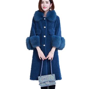 Femmes manteau de fourrure bleu S-5XL grande taille lâche fausse laine veste automne hiver simple boutonnage longue chaleur vêtements LR743 210531