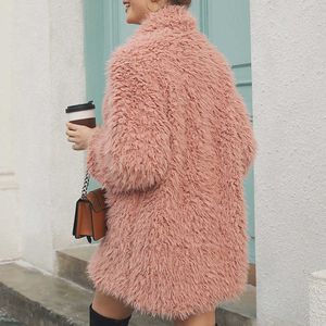 Femmes manteau de fourrure hiver hiver war chaud veste longue veste extérieure mince tranchée poilue noire beige rose y0829