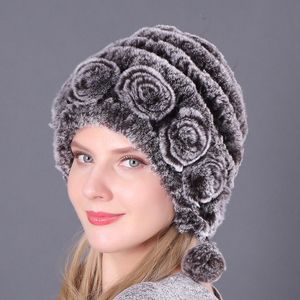 Vrouwen bont hoed voor winter natuurlijke Rex konijn cap Russisch vrouwelijk bont hoofddeksel buitenoor warme bloemen oorbevolking beanies caps