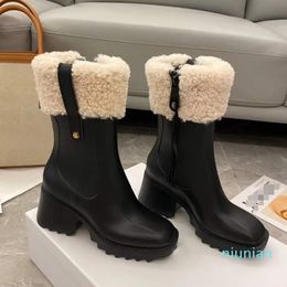 Bottes de pluie en fourrure pour femmes, talons hauts, hauteur des genoux, semelles en caoutchouc imperméables, chaussures à plateforme, chaussures d'extérieur