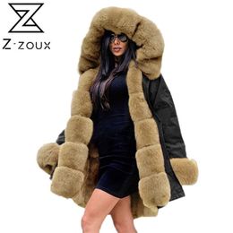 Women Fur Parka Hooded Winterjassen Vrouw Plus Size Vintage Lange Overjas Coat Color Matching Jassen 210513