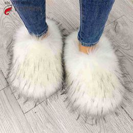 Vrouwen harige winter slippers Raccoon vossen schuif faux bont warme pluche fuzzy flip flopy geweldige schoenen vrouw nieuw T23082 2BB6