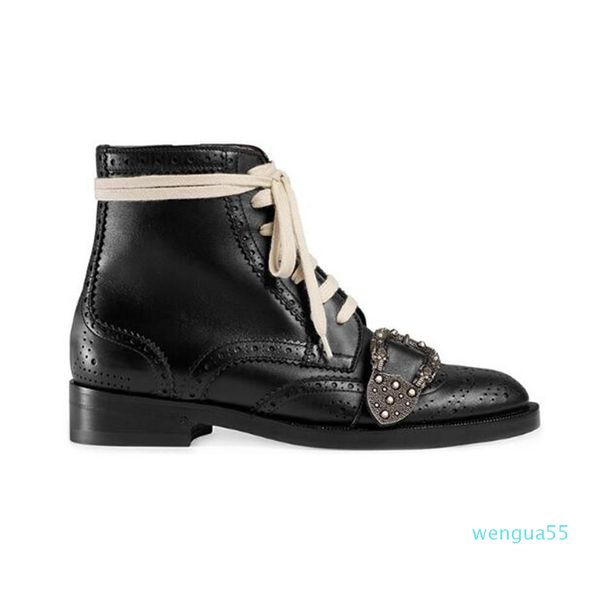 Damen Echtleder Queercore Brogue Boot Punk Tigerkopf Schnalle verzierte Leder Stiefeletten Black Bee Shoes286B