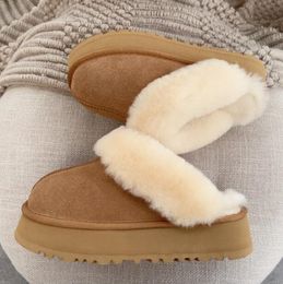 Vrouwen echt lederen pantoffel pluizige winter warm huis platform geen achterste elastische riem pantoffels kastanje antilope bruin