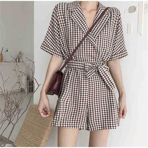 Dames Geometrische Playsuits Aankomst Plaid Lace Up Losse Stijlvolle Chic Summer Casual Sweet Female 210525