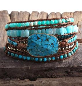 Bracelet Boho fait à la main pour femmes, nouveau cadeau de mode, mélange de Turquoise, charme en pierre naturelle, 5 brins, Bracelets enroulés293Q9606073