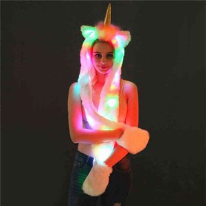 Femmes Cadeau Sexy Costumes LED Fausse Fourrure Chapeau Hiver Chaud Animal Licorne Casquette Écharpe Avec Poche Fête Nouveauté Cosplay 211213