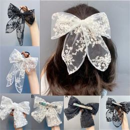 Épingles à cheveux en dentelle pour femmes et filles, grand nœud floral, pince à ruban, bandeau à la mode, noir et blanc, accessoires pour cheveux, 6 pièces/lot