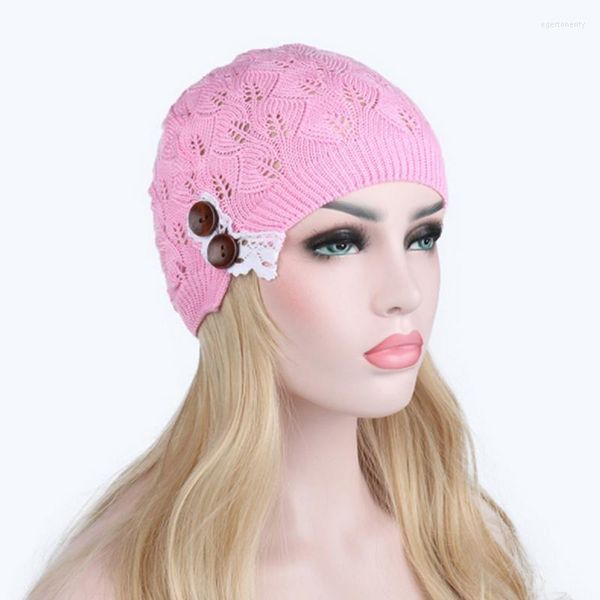 Mujeres Niñas Gorro de punto Otoño Turbante Sombrero Botón Ahueca hacia fuera Hojas Gorro de encaje Mujer Skullies Gorros Sombreros Gorros de punto de primavera Gorro / Calavera, por ejemplo