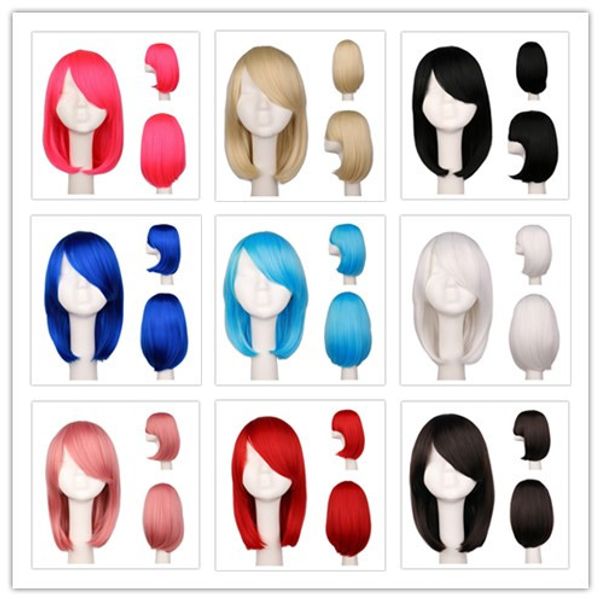 Femmes filles Bob droite Cosplay perruque Costume fête noir blanc bleu rouge rose 40 Cm cheveux synthétiques Wigs6256005