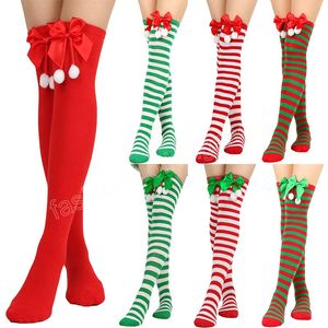 Chaussettes à rayures avec nœud pour femmes et filles, bas de noël décontractés, cuisses au-dessus du genou, couleur douce, hautes, chaussettes longues à Tube féminin