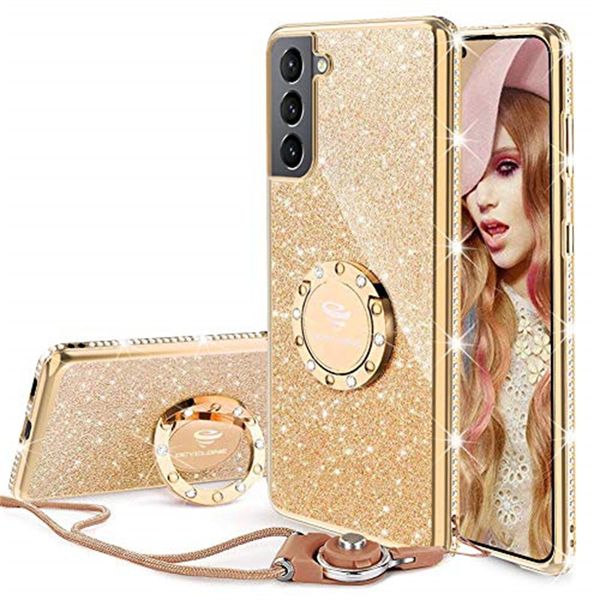 Estuches para teléfonos lindos con purpurina para mujeres y niñas con soporte de anillo, estuche blando protector de parachoques con diamantes de imitación Bling para Galaxy Samsung S21 iPhone 13 12 11 Pro Max X XR DHL