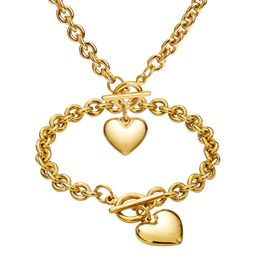 Ensemble de bijoux pour femmes et filles, chaîne ovale dorée en acier inoxydable, pendentif à breloques en forme de cœur, collier + bracelet pour cadeaux de mode 18 pouces + 8 pouces