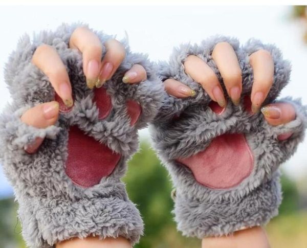 Femmes filles beaux gants sans doigts chauds y ours chat en peluche griffes half doigts gants mitten new gb13245938688