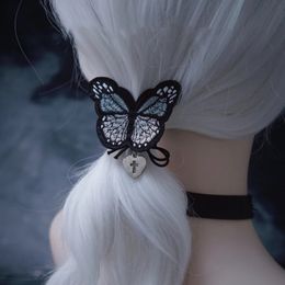 Mujeres chicas punk bordado mariposa scrunchie bandas elásticas para el cabello elástica gótica lolita cosplay accesorios bandas de cabello negros y2k cabello 240518