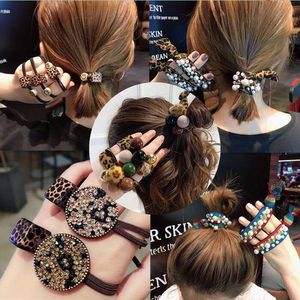 Vrouwen meisjes regenbwo luipaard print haarband kralen banden met hoge elastische touw ring haarband paardenstaarthouder hoofdband haaraccessoire