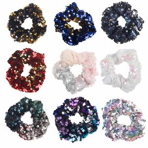 Femmes filles réversible brillant paillettes chouchous paillettes cheveux cravates porte-queue de cheval corde danse chouchou élastique bandes de cheveux accessoires FJ3354