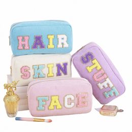Vrouwen Meisjes Reizen Corduroy Chenille Letters Patch Huidverzorging Gezicht Haarspullen Make Cosmetische Tas voor Dagelijks Gebruik B7zN #