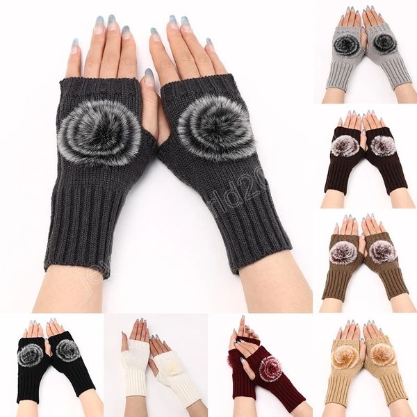 Femmes gants automne hiver demi doigt gants main chauffe-poignet tricoté laine boule de poils mitaines chaudes gants sans doigts