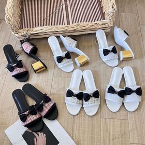 Dames goud blok dikke hiel muilezel boog knoop glijbanen in elkaar grijpen c logo tweed lederen klassieke platte slippers huis casual sandalen zomer ontwerper luxe kleding schoenen