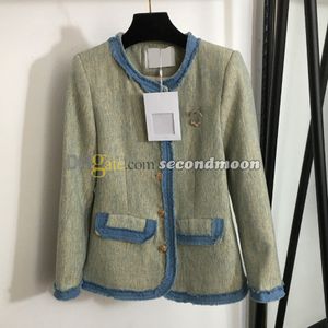 Chaqueta con botones dorados para mujer, chaquetas vaqueras con cuello redondo, abrigo vaquero de manga larga, ropa de abrigo de estilo informal con broche