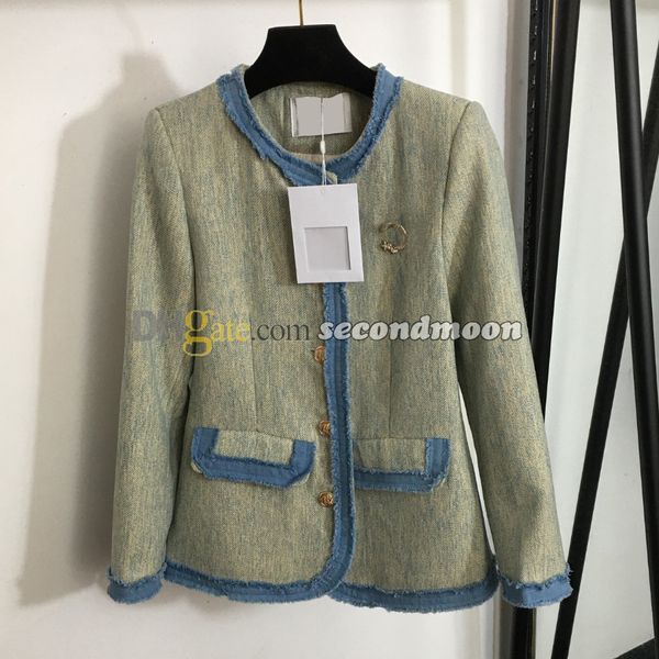 Veste à boutons dorés pour femmes, veste en Denim à col ras du cou, manteau en Jean à manches longues, Style décontracté, vêtements d'extérieur avec broche