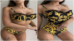 Vrouwen goud bloem zwemkleding bikini set push upswimsuit badpak zwempak3387170