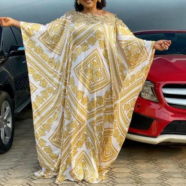 Femmes Gold Robes imprimées Lâche Batwing Manches O Cou Maxi Party Africaine Femme Mode Automne Robes Plus Taille Robes 210416