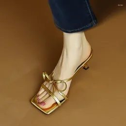 Femmes sandales or slipper arc sier élégant orteil carré confort talons bas sandales chaussures hautes glissade sur robe 139 5