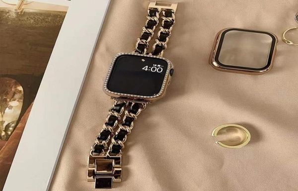 Banda de Apple Watch de Apple Watch Watch Gold Gold 7 6 SE 41 mm 45 mm 3842 mm Lady Joya Luxury Jewelry Metal Leather Pulsera para iWatch 7 Strap4363084