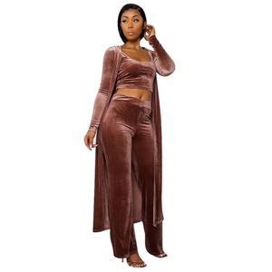 Vrouwen gouden fluwelen tweedelige broek mode trend crop tops wijde been broek vest mantel trainingspakken ontwerper vrouwelijke herfst casual solide sets