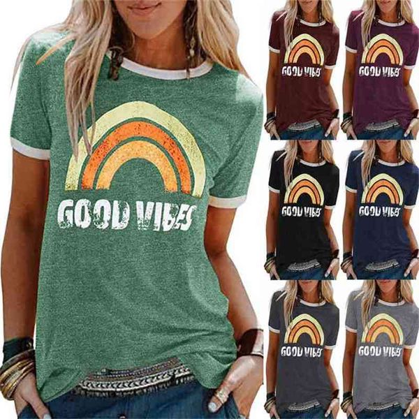 Femmes Good Vibes Rainbow Short Sleeve Streetwear Graphics Top Esthétique Tee Slogan Crew Neck Hipster Casual Summer Soft T-shirt 210623
