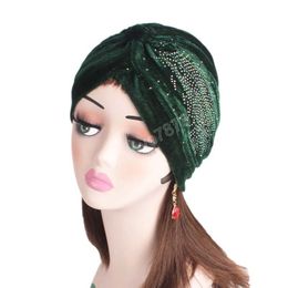 Vrouwen prachtige vintage goud fluwelen tulband hoed rhinestoned ruche hoofddoek Indiase hoed vrouwen moslim hijab haaraccessoires