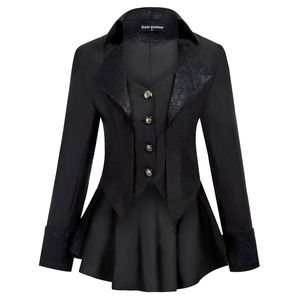 Femmes Gothic Riding Coat Renaissance Party Soirée Club Cool Revers High-Low Hem Fit Slim Solid Spring Automne Veste rétro Tops 201109