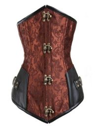 Femmes Gothic Steampunk Brown Black 12pcs en acier Brocade franc jacquard corsets sous-bust avec Pu en cuir patchwork sexy Cinch9742632