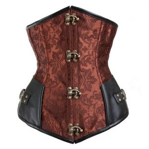 Corsés debajo del busto de Jacquard con brocado deshuesado de acero para mujer, gótico, Steampunk, marrón, negro, con retales de cuero de PU, cintura sexy, 12 Uds.