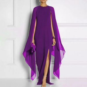 Robe Maxi en mousseline de soie pour femmes, Design châle fendu, élégant, col rond, avec couche fendue irrégulière sur le côté, 240327