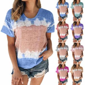 Vrouwengradiënt shirts S-5XL zomer korte mouw ronde hals t-shirt losse causale patchwork kleur shirt meisjes tops ljjo7678