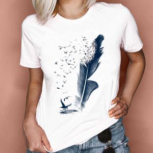 Mujeres gráfico pluma impresión moda 90s Linda acuarela manga corta señora ropa Tops camisetas estampado mujer camiseta X0527