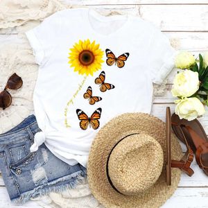 Frauen Grafik Sonnenblume Schmetterling Cartoon Blumen Mode Mädchen Dame T-Shirts Drucken Tops T-shirt Kleidung Weibliches Hemd Damen T-Shirt X0527