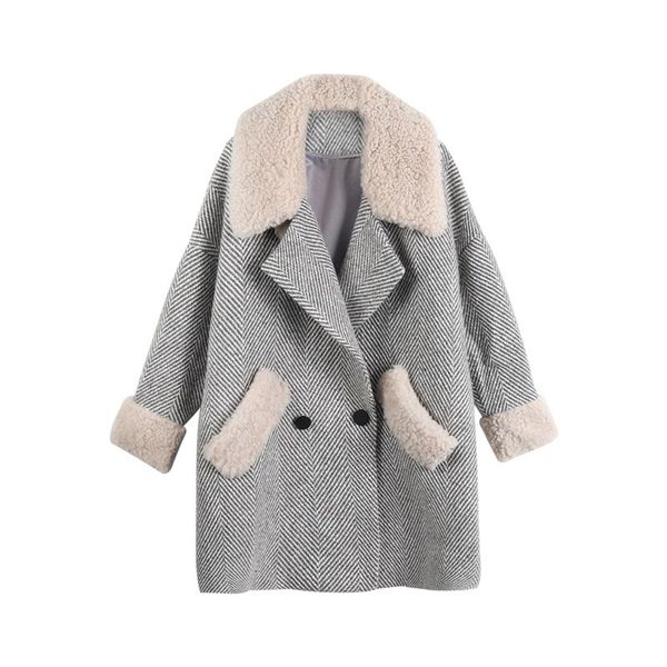 Abrigo de piel sintética gris para mujer, prendas de vestir con botones, cálido, grueso, cuello vuelto, bolsillo, retazos de Tweed, doble botonadura, C0362 210514