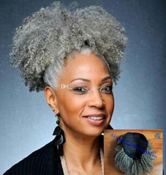 Femmes extension de cheveux gris argent gris afro bouffée crépus bouclés cordon cheveux humains queues de cheval clip en réel humain 80g 100g 120g1604335