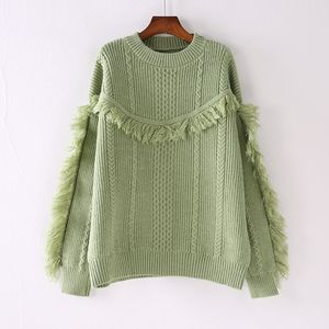Vrouwen Groene Beige Khaki Sweater Gebreide Pullovers Lange Mouw O-hals Kwastje Losse Herfst Winter M0243 210514