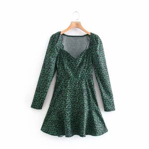Vrouwen groene bloem print vierkante kraag slanke mini-jurk vrouwelijke lange mouw kleding casual dame vestido D7607 210430