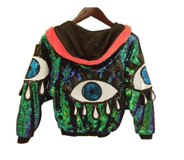 Femmes Green Sequin Jacket Coat Bling Bling Hoodies Hoodies Big Mouth Design Street Hip Hop Jazz Stage Cosplay Outwear Automne 20183699802