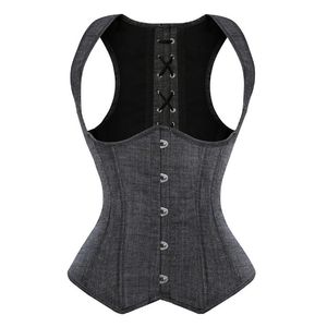 Vrouwen Grijze Denim Halternck Onderbot Corset Vest Plastic Been Body Shaper Taille Cincher Slimming Corselet Plus Size S-6XL