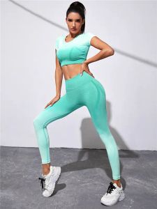 Ensemble de Yoga 2 pièces pour femmes, tenue de Yoga côtelée taille haute, haut de sport sans couture, Leggings de levage des fesses, exercice d'entraînement, costumes de Jogging pour femmes