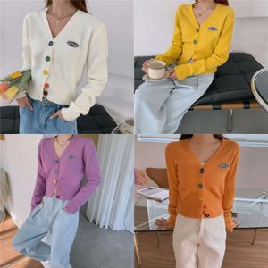 Femmes H.Sa Spring V Neck Chic Knitwear Prenlers Open Bouton Colorful Crotped Tread Treen Cardigans 210417