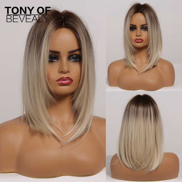 Femmes cheveux synthétiques brun à blond clair Ombre moyenne droite couches Bob perruques partie centrale pour résistant à la chaleur Cosplay 0527